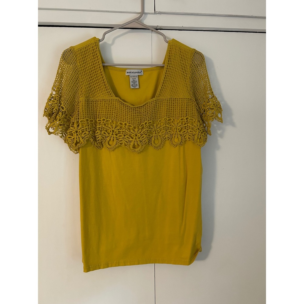 Jessica London Mustard Yellow Crochet Lace Short Sleeve Top Plus Size 14/16
